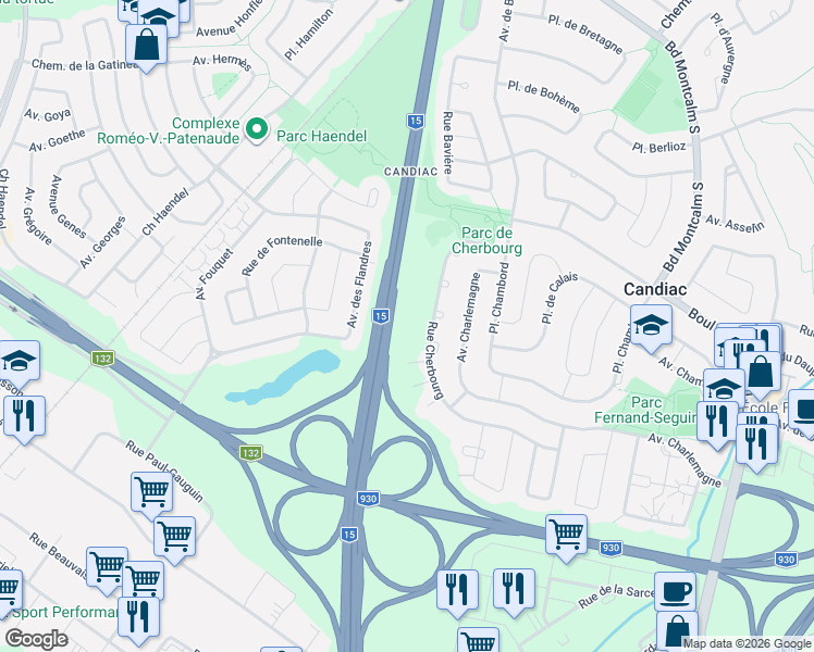 map of restaurants, bars, coffee shops, grocery stores, and more near 215 Rue Cherbourg in Candiac