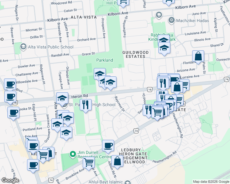 map of restaurants, bars, coffee shops, grocery stores, and more near Ottawa Regional Rd 16 & Baycrest Dr in Ottawa