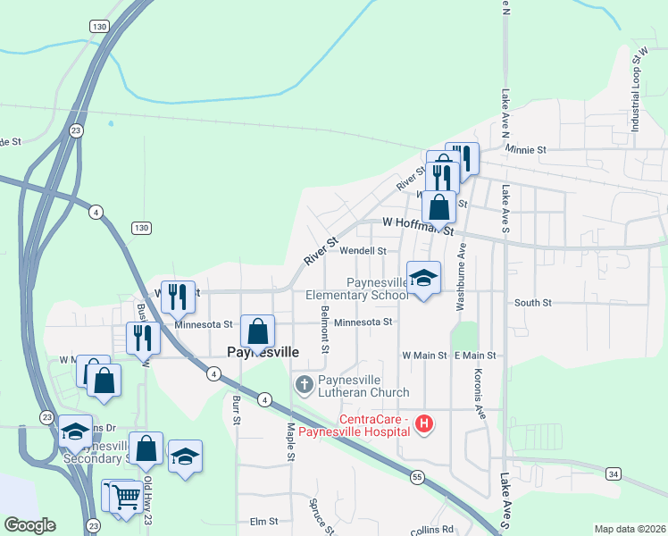 map of restaurants, bars, coffee shops, grocery stores, and more near 369 Belmont Street in Paynesville