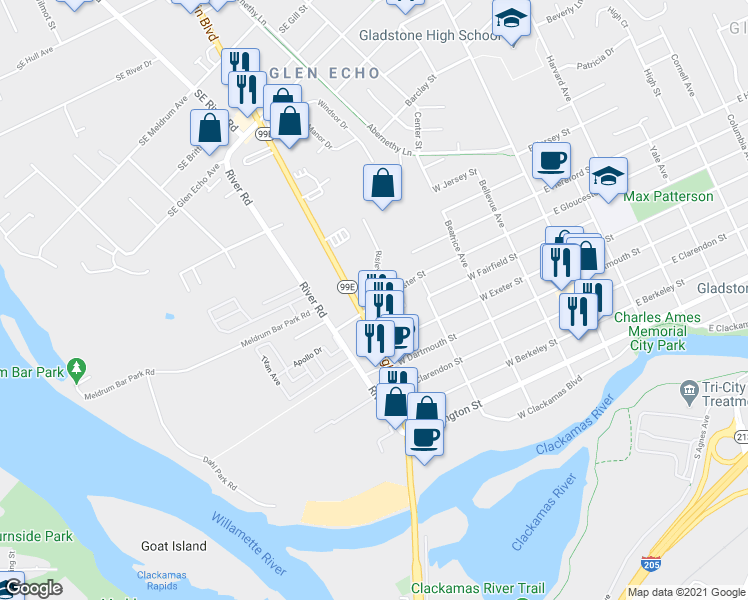 map of restaurants, bars, coffee shops, grocery stores, and more near 19790 Southeast McLoughlin Boulevard in Gladstone