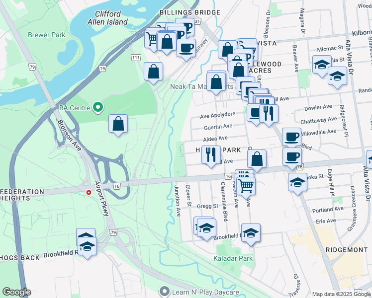 map of restaurants, bars, coffee shops, grocery stores, and more near 1549 Clover Street in Ottawa