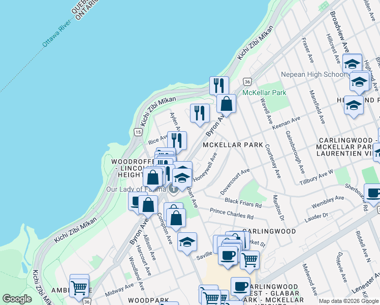 map of restaurants, bars, coffee shops, grocery stores, and more near 485 Richmond Road in Ottawa