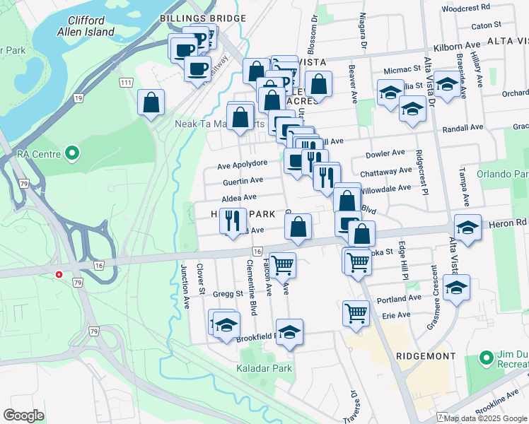 map of restaurants, bars, coffee shops, grocery stores, and more near 1117 Richard Avenue in Ottawa