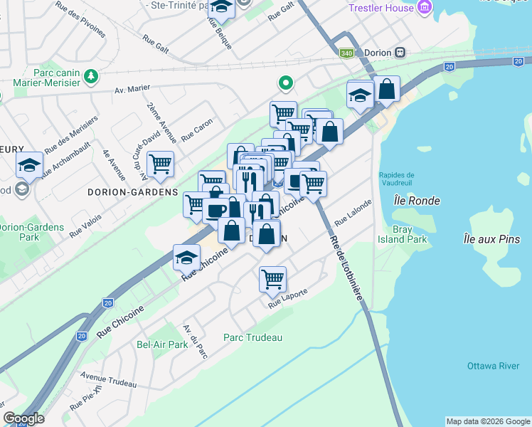 map of restaurants, bars, coffee shops, grocery stores, and more near 607 Rue Chicoine in Vaudreuil-Dorion