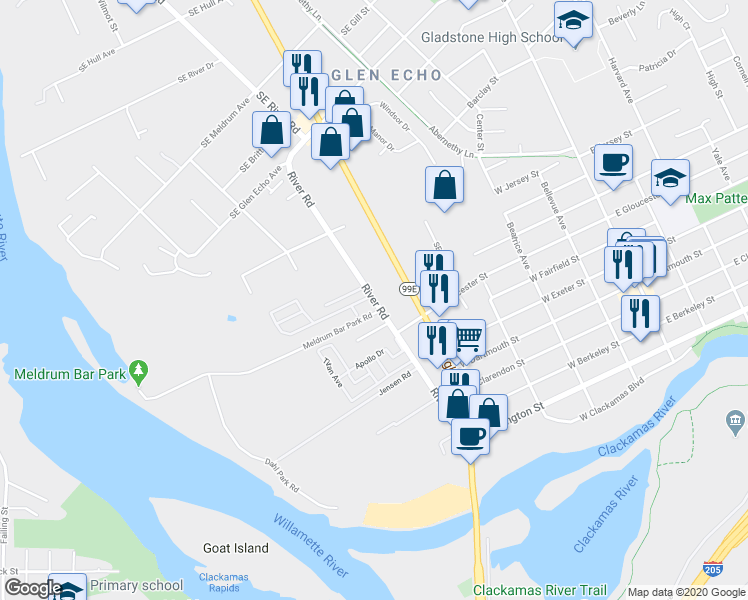 map of restaurants, bars, coffee shops, grocery stores, and more near 19565 SE River Rd in Gladstone