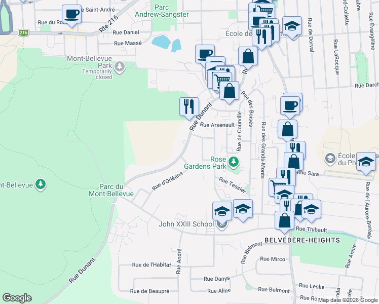 map of restaurants, bars, coffee shops, grocery stores, and more near 1800 Rue Dunant in Sherbrooke