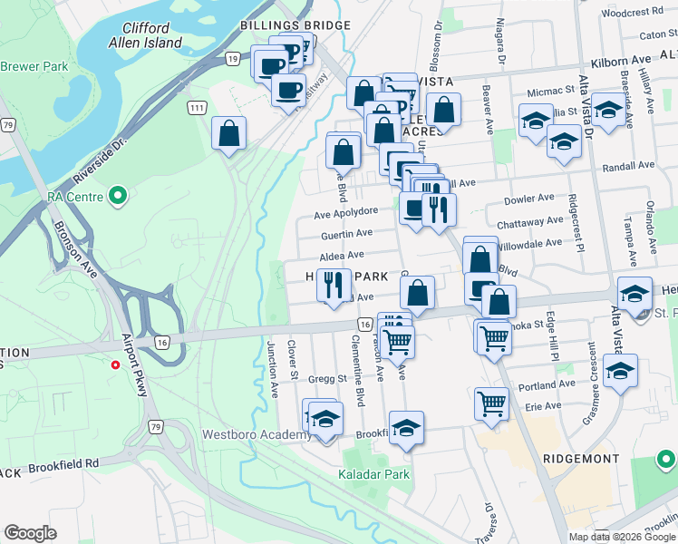 map of restaurants, bars, coffee shops, grocery stores, and more near in Ottawa