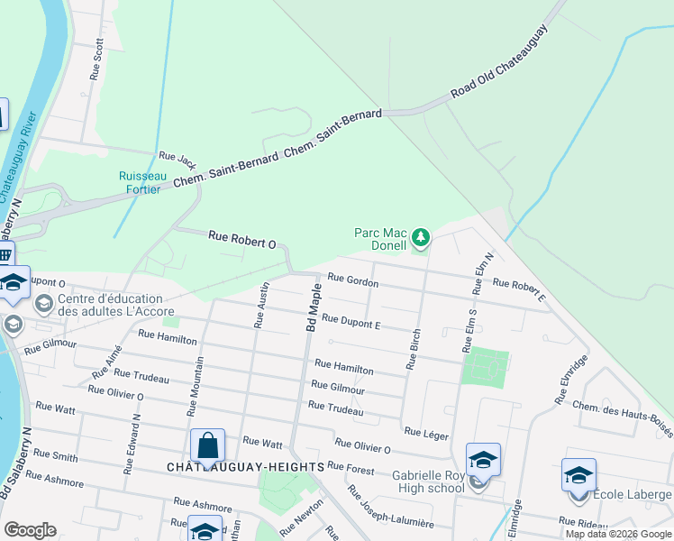 map of restaurants, bars, coffee shops, grocery stores, and more near 157 Rue Gordon in Châteauguay
