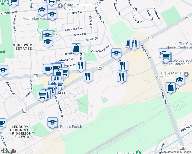 map of restaurants, bars, coffee shops, grocery stores, and more near 1800 Walkley Road in Ottawa