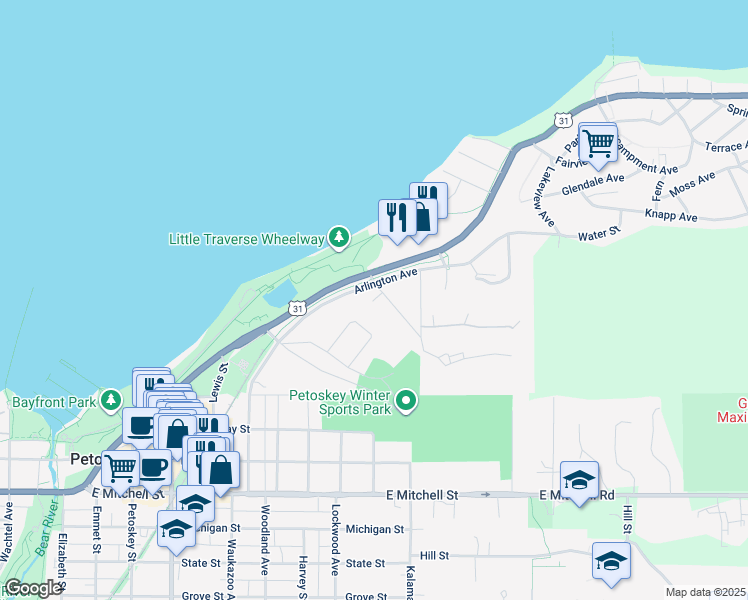 map of restaurants, bars, coffee shops, grocery stores, and more near 130 Beaubien Avenue in Petoskey