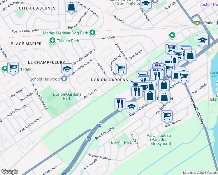 map of restaurants, bars, coffee shops, grocery stores, and more near 472 Rue Valois in Vaudreuil-Dorion