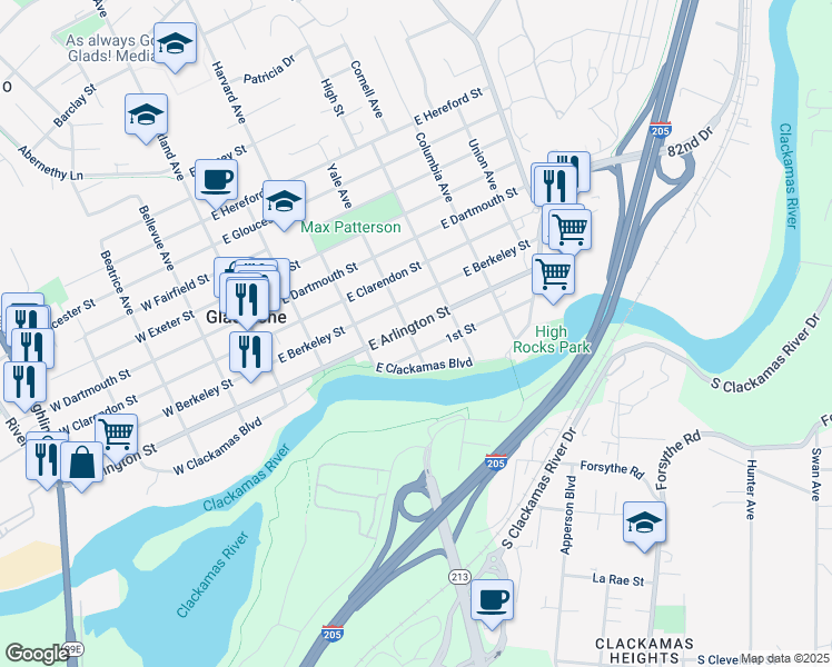 map of restaurants, bars, coffee shops, grocery stores, and more near 430 1st Street in Gladstone
