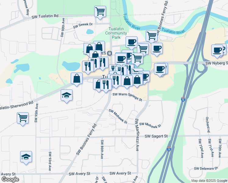 map of restaurants, bars, coffee shops, grocery stores, and more near 8503 Southwest Warm Springs Street in Tualatin