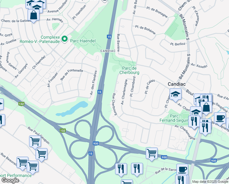 map of restaurants, bars, coffee shops, grocery stores, and more near 255 Rue Cherbourg in Candiac