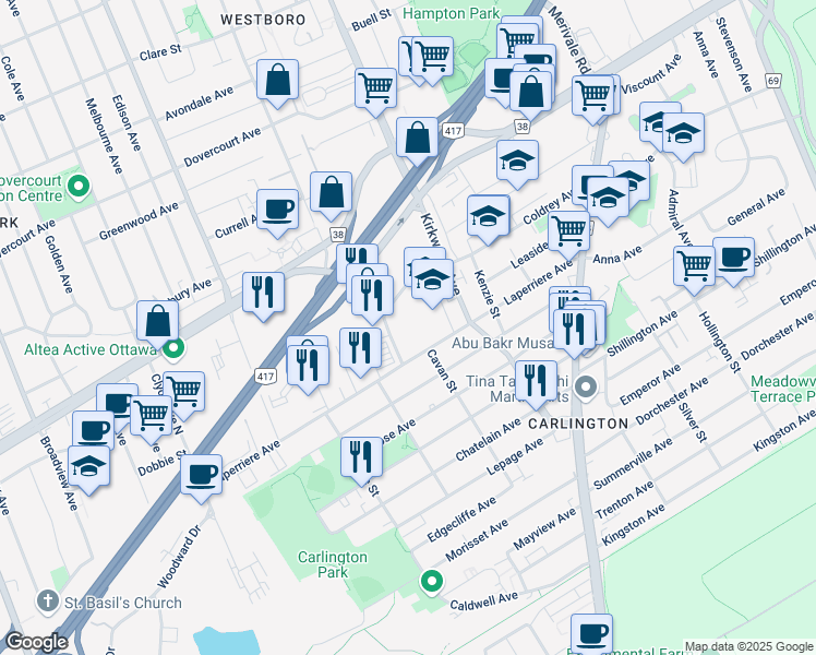 map of restaurants, bars, coffee shops, grocery stores, and more near 1427 Laperriere Avenue in Ottawa
