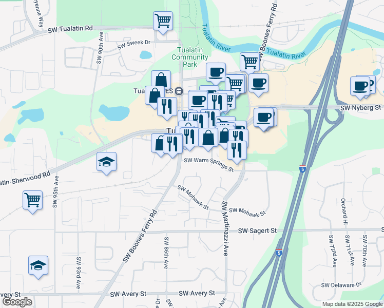 map of restaurants, bars, coffee shops, grocery stores, and more near 8490 Southwest Warm Springs Street in Tualatin
