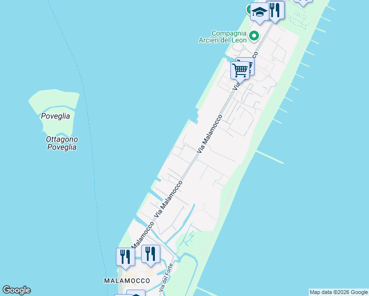 map of restaurants, bars, coffee shops, grocery stores, and more near 82/a Via Malamocco in Venice