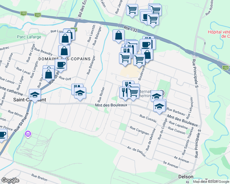 map of restaurants, bars, coffee shops, grocery stores, and more near 113 Rue du Sentier in Saint-Constant