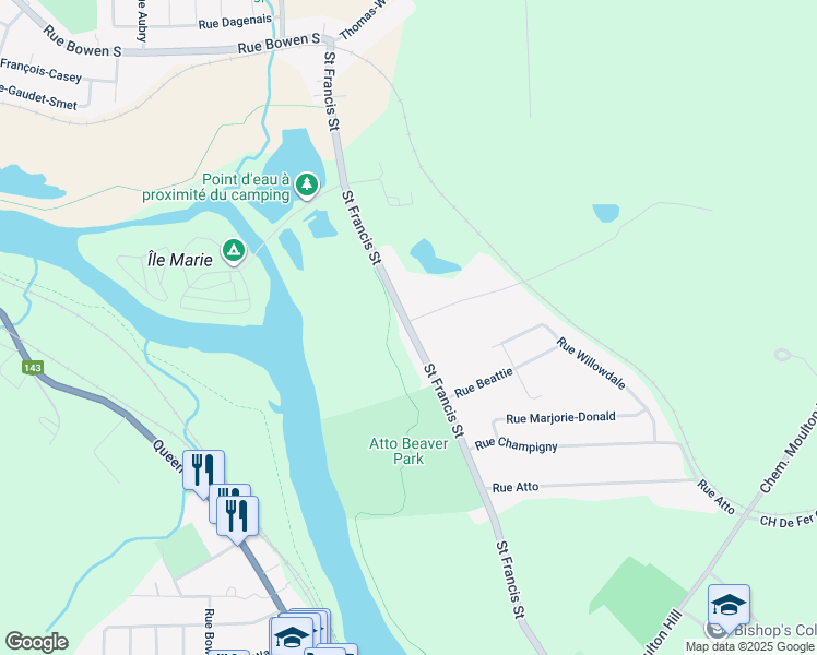 map of restaurants, bars, coffee shops, grocery stores, and more near 151 Rue St. Francis in Sherbrooke