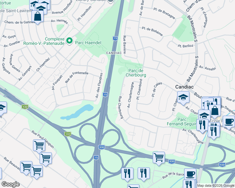 map of restaurants, bars, coffee shops, grocery stores, and more near 241 Rue Cherbourg in Candiac