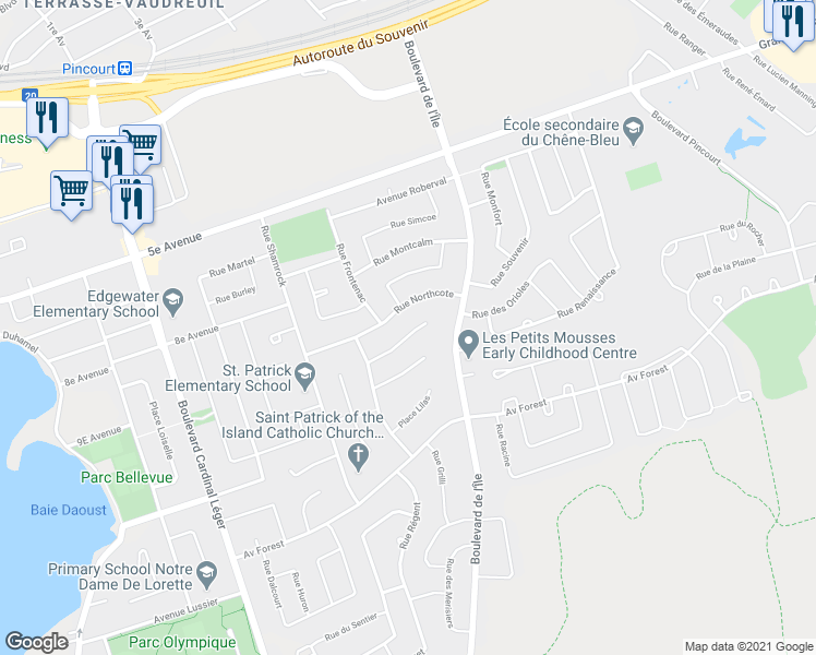 map of restaurants, bars, coffee shops, grocery stores, and more near 190 Place Thorncliffe in Pincourt