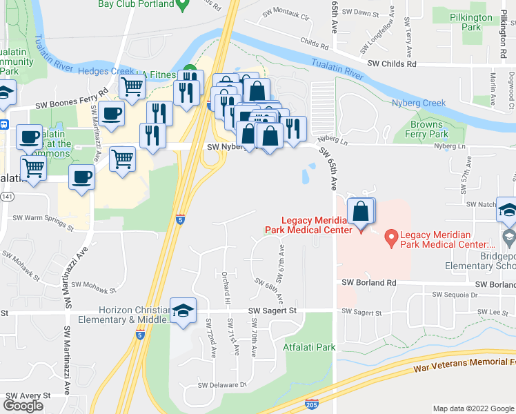 map of restaurants, bars, coffee shops, grocery stores, and more near 19355 Southwest 65th Avenue in Tualatin