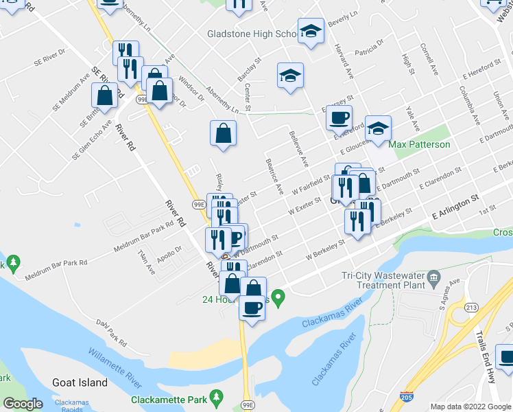 map of restaurants, bars, coffee shops, grocery stores, and more near 380 West Fairfield Street in Gladstone