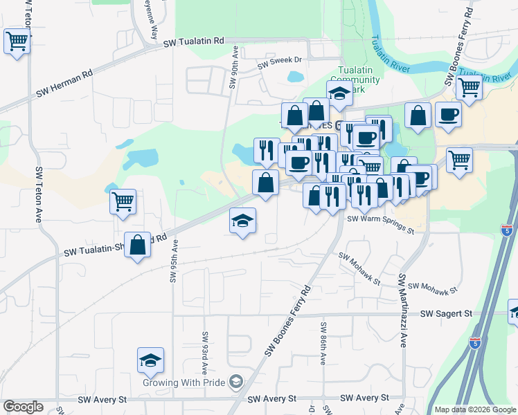 map of restaurants, bars, coffee shops, grocery stores, and more near 19461 Southwest 89th Avenue in Tualatin