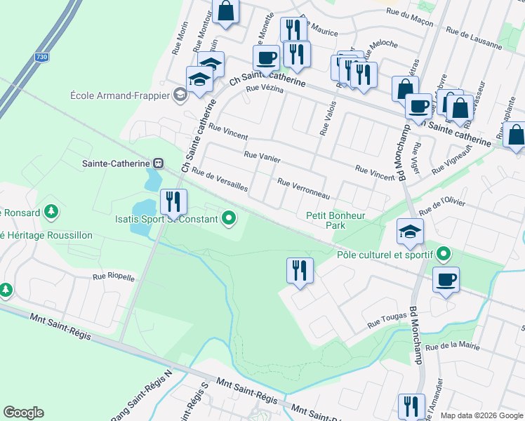 map of restaurants, bars, coffee shops, grocery stores, and more near 121 Rue Vivaldi in Saint-Constant