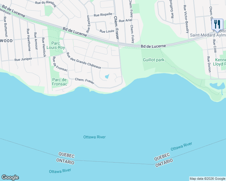 map of restaurants, bars, coffee shops, grocery stores, and more near 89 Chemin Fraser in Gatineau