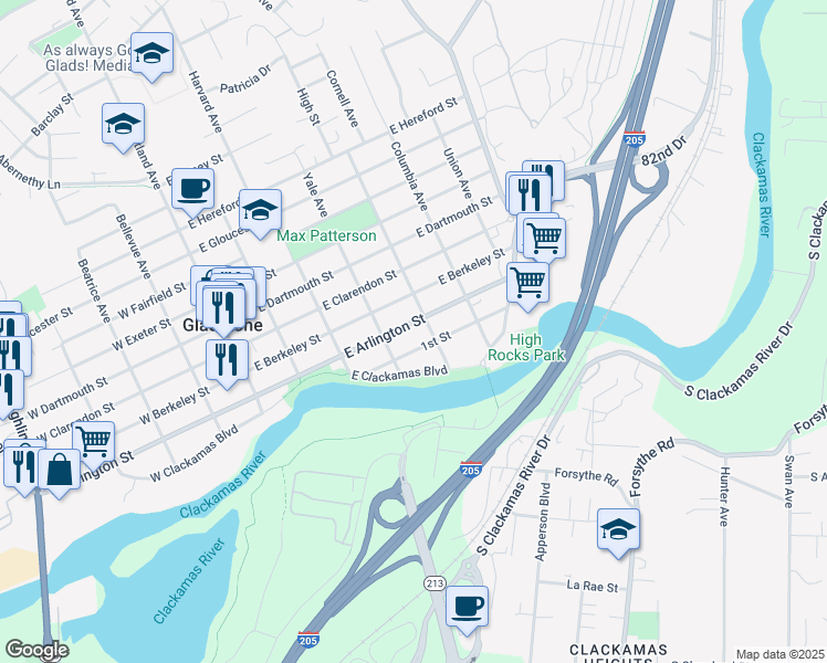 map of restaurants, bars, coffee shops, grocery stores, and more near 455 East Arlington Street in Gladstone