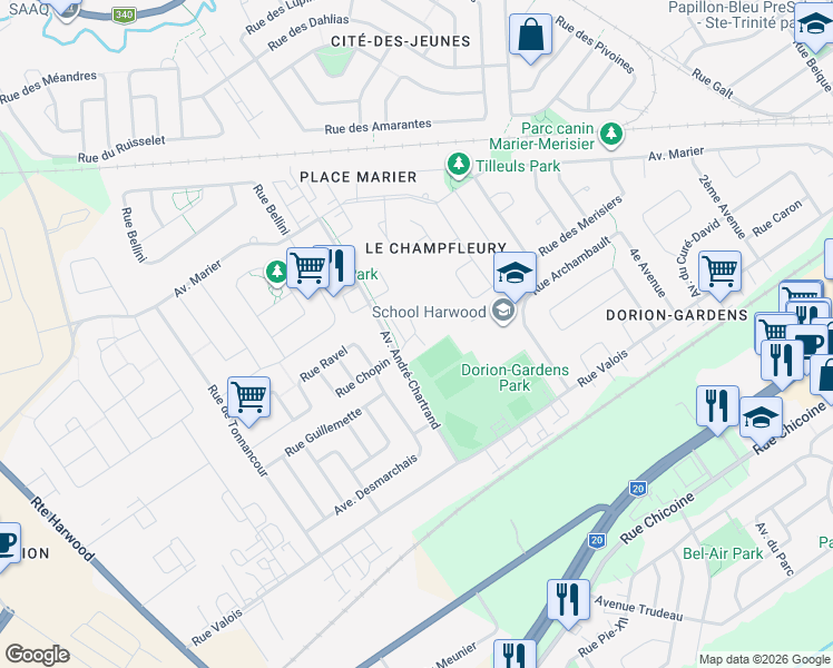 map of restaurants, bars, coffee shops, grocery stores, and more near 120 Rue Des Aubépines in Vaudreuil-Dorion