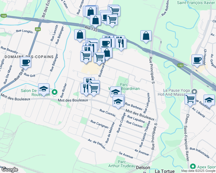 map of restaurants, bars, coffee shops, grocery stores, and more near 123 Rue Cartier in Delson