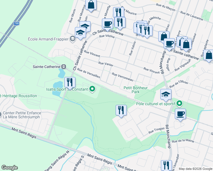map of restaurants, bars, coffee shops, grocery stores, and more near 121 Rue Vivaldi in Saint-Constant