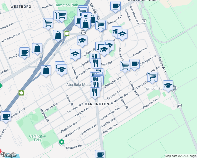 map of restaurants, bars, coffee shops, grocery stores, and more near 999 Merivale Road in Ottawa