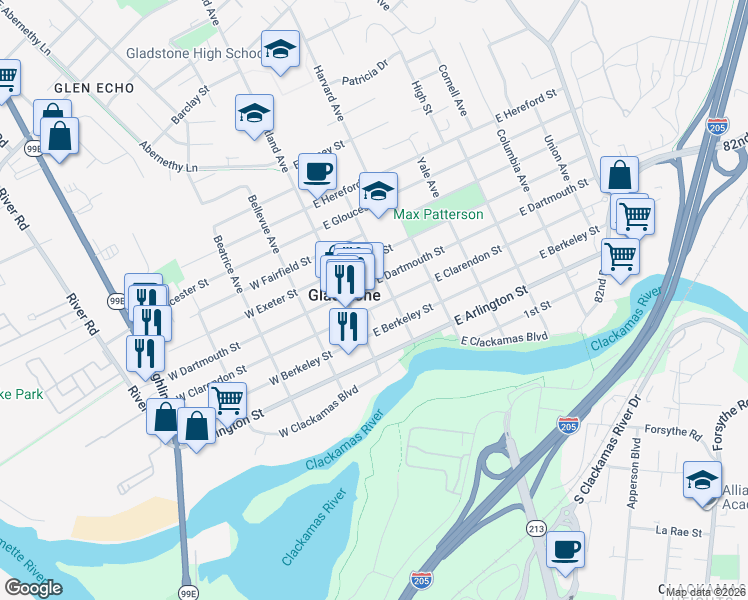 map of restaurants, bars, coffee shops, grocery stores, and more near 150 East Clarendon Street in Gladstone