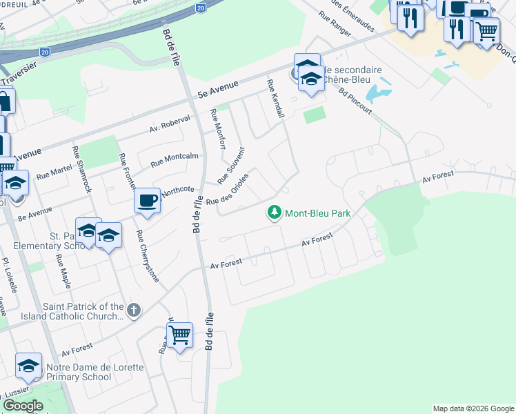 map of restaurants, bars, coffee shops, grocery stores, and more near 498 Renaissance Street in Pincourt