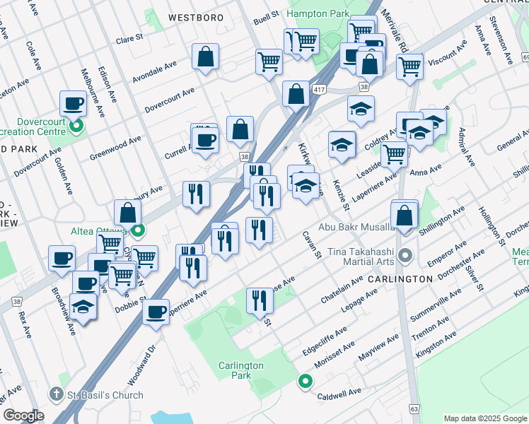 map of restaurants, bars, coffee shops, grocery stores, and more near 1550 Carling Avenue in Ottawa