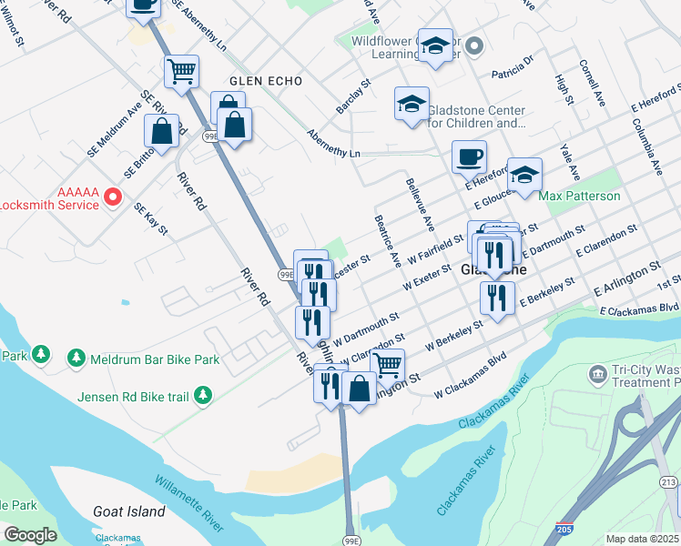 map of restaurants, bars, coffee shops, grocery stores, and more near 439 West Gloucester Street in Gladstone