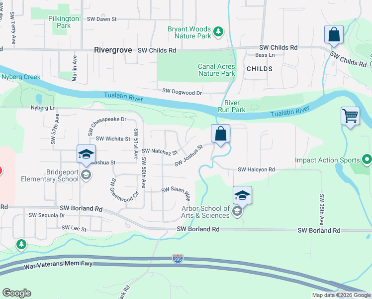 map of restaurants, bars, coffee shops, grocery stores, and more near 4580 Southwest Natchez Court in Tualatin