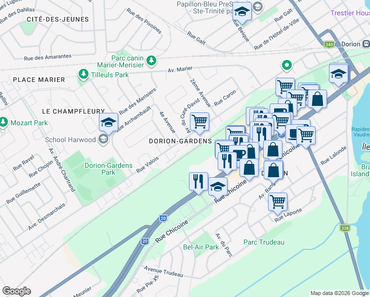 map of restaurants, bars, coffee shops, grocery stores, and more near 468 Rue Valois in Vaudreuil-Dorion