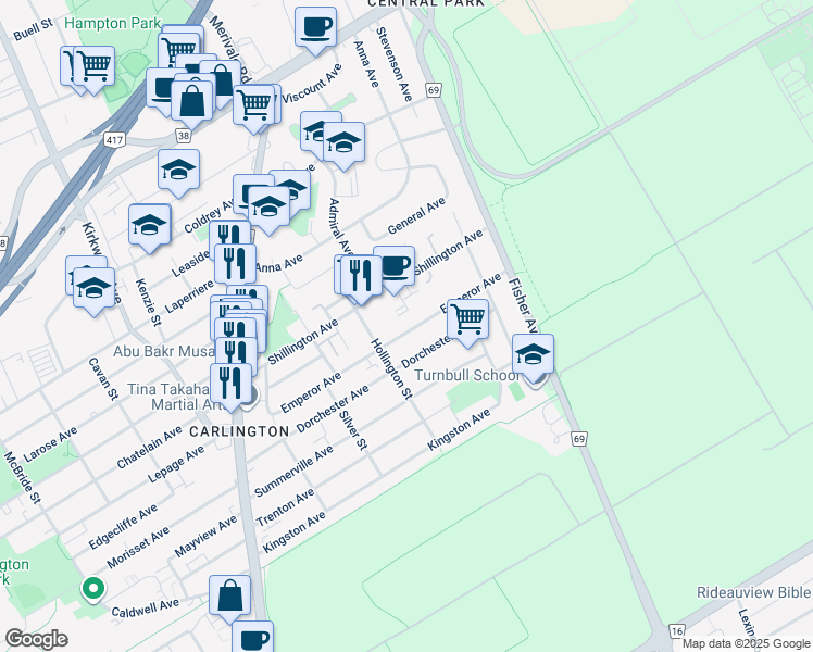map of restaurants, bars, coffee shops, grocery stores, and more near 1201 Emperor Avenue in Ottawa