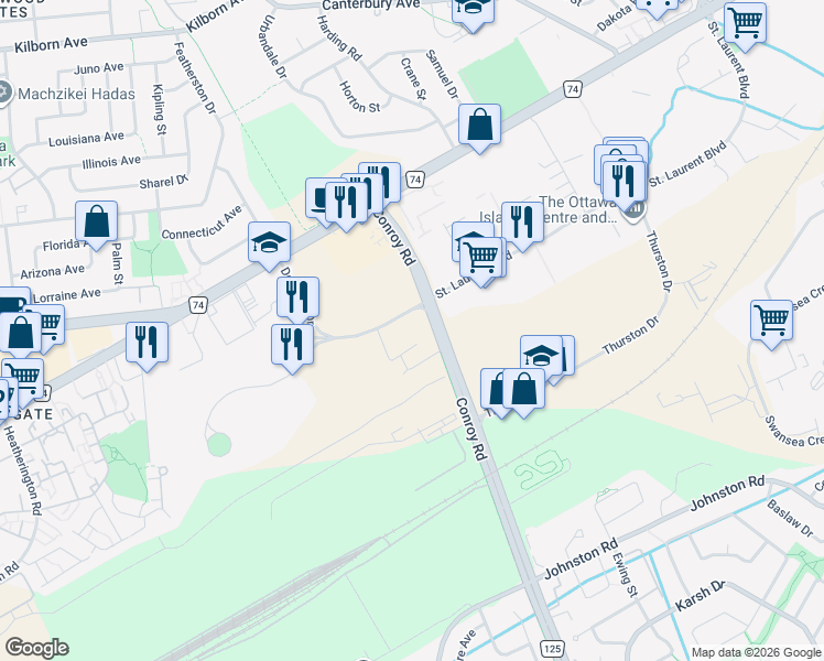 map of restaurants, bars, coffee shops, grocery stores, and more near in Ottawa