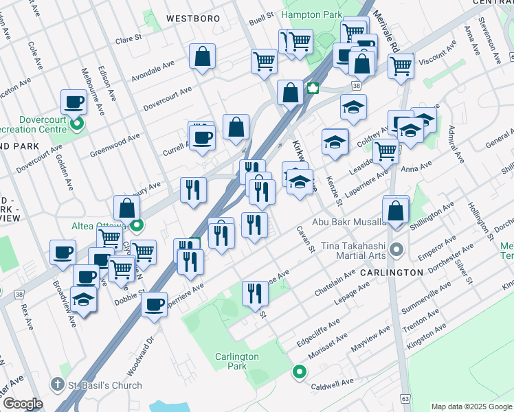 map of restaurants, bars, coffee shops, grocery stores, and more near 1550 Carling Avenue in Ottawa