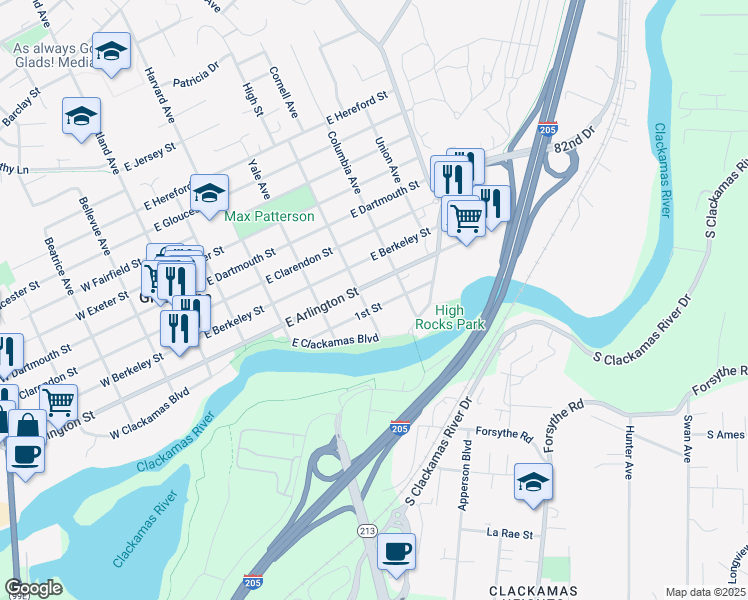 map of restaurants, bars, coffee shops, grocery stores, and more near 100 Cornell Avenue in Gladstone