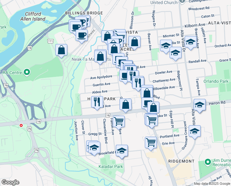 map of restaurants, bars, coffee shops, grocery stores, and more near in Ottawa