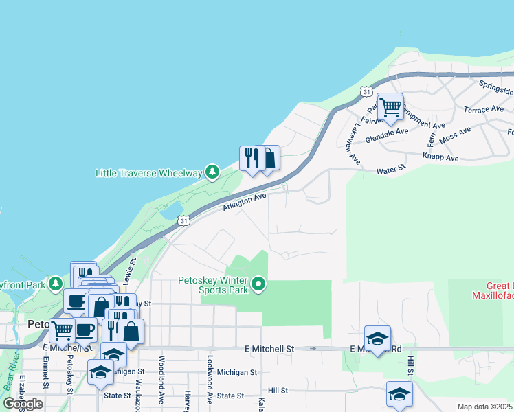 map of restaurants, bars, coffee shops, grocery stores, and more near 149 Beaubien Avenue in Petoskey