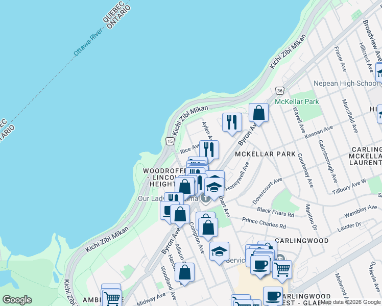 map of restaurants, bars, coffee shops, grocery stores, and more near in Ottawa
