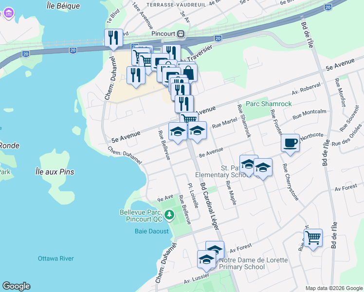 map of restaurants, bars, coffee shops, grocery stores, and more near 76 7e Avenue in Pincourt