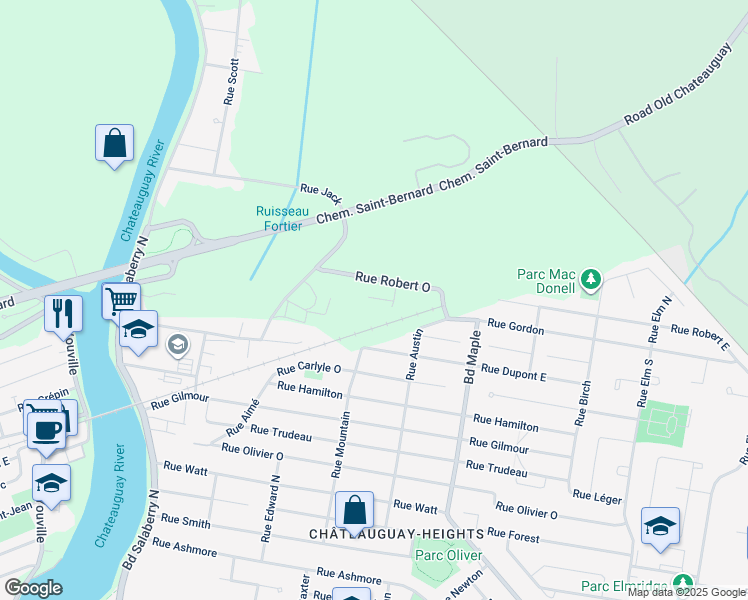 map of restaurants, bars, coffee shops, grocery stores, and more near 289 Rue Orchard in Châteauguay